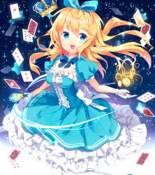 Rule 34 | 1girl, alice (alice in wonderland), alice in wonderland, bad id, bad pixiv id, blonde hair, blue dress, blue eyes, breasts, card, cleavage, crown, dress, frilled dress, frills, gears, gloves, hair ribbon, impossible clothes, light trail, long hair, looking at viewer, natsume3304, neck ribbon, open mouth, original, playing card, pocket watch, puffy short sleeves, puffy sleeves, ribbon, scepter, short sleeves, skirt hold, small breasts, solo, sparkle, star (sky), watch, white gloves, wind