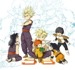 Rule 34 | 6+boys, :d, age progression, all fours, armor, black hair, blonde hair, boots, cape, child, crossed arms, dragon ball, dragon ball (object), dragonball z, dual persona, gloves, kneeling, looking up, male focus, monkey tail, multiple boys, multiple persona, nikayu, open mouth, shoes, sitting, smile, son gohan, spiked hair, standing, super saiyan, super saiyan 1, super saiyan 2, tail, time paradox, zoom layer