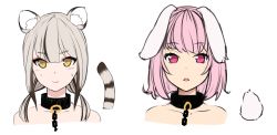 Rule 34 | 2girls, :o, absurdres, animal ears, rabbit ears, rabbit tail, chain, closed mouth, collar, grey hair, highres, low twintails, medium hair, metal collar, multiple girls, nezuko, nude, original, parted lips, pink eyes, pink hair, short hair, simple background, smile, striped tail, sweatdrop, tail, tiger ears, tiger tail, twintails, white background, yellow background, yellow eyes