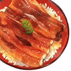 Rule 34 | bowl, eel, food, food focus, kabayaki, momiji mao, no humans, rice, simple background, still life