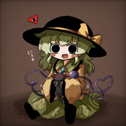 Rule 34 | 1girl, animal, black cat, black eyes, black footwear, black headwear, blouse, blush stickers, boots, bow, brown background, buttons, cat, crazy eyes, diamond button, eyeball, floral print, frilled shirt collar, frilled sleeves, frills, full body, green hair, green skirt, hat, hat bow, hat ribbon, heart, heart of string, heripantomorrow, holding, holding animal, holding cat, kaenbyou rin, kaenbyou rin (cat), komeiji koishi, long sleeves, medium hair, on floor, open mouth, red bow, ribbon, rose print, shirt, sidelocks, simple background, sitting, skirt, smile, third eye, touhou, wavy hair, wide sleeves, yellow bow, yellow ribbon, yellow shirt