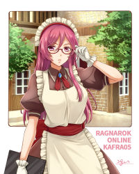 Rule 34 | 1girl, 20nigu, adjusting eyewear, apron, bow, bowtie, breasts, brooch, brown dress, clipboard, collared dress, commentary request, commission, cowboy shot, dress, glasses, gloves, holding, holding clipboard, jewelry, kafra uniform, leilah (ragnarok online), long hair, looking at viewer, maid, maid headdress, medium breasts, open mouth, pink eyes, pink hair, puffy short sleeves, puffy sleeves, ragnarok online, red-framed eyewear, red bow, red bowtie, red sash, sash, semi-rimless eyewear, short sleeves, signature, skeb commission, solo, tree, under-rim eyewear, white apron, white gloves