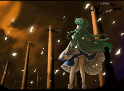 Rule 34 | 1girl, detached sleeves, female focus, frog, frog hair ornament, from behind, from below, green hair, hair ornament, kochiya sanae, letterboxed, long hair, looking up, north abyssor, onbashira, shide, skirt, snake, snake hair ornament, socks, solo, standing, sunset, touhou, yellow eyes