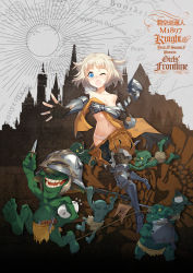 Rule 34 | 1girl, 5boys, alternate costume, armor, armored boots, bayonet, bird, blonde hair, blue eyes, boots, breastplate, character name, chasing, unworn clothes, covering privates, covering breasts, dagger, english text, female knight, gauntlets, girls&#039; frontline, goblin, gun, helmet, kidnapping, knife, knight, laughing, loincloth, m1897 (girls&#039; frontline), m1897 (sentinel of the sky) (girls&#039; frontline), multiple boys, official alternate costume, official art, pump action, running, shotgun, sword, theft, weapon, winchester model 1897