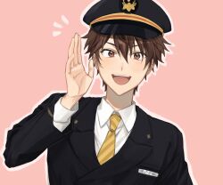 Rule 34 | 1boy, brown eyes, brown hair, character name, collared shirt, diagonal-striped clothes, diagonal-striped necktie, ensemble stars!, hand up, hat, highres, lapels, long hair, looking at viewer, male focus, mango (naihowda), morisawa chiaki, name tag, necktie, notched lapels, notice lines, open mouth, pink background, police hat, shirt, simple background, solo, striped clothes, teeth, upper body, upper teeth only, very long hair, white shirt, yellow necktie