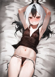 Rule 34 | 1girl, alternate costume, armpits, arms behind head, bed sheet, black hair, black horns, black panties, blue archive, blush, breasts, grin, hair between eyes, halo, highres, horns, kayoko (blue archive), long hair, looking at viewer, lying, mo ne, multicolored hair, navel, on back, panties, presenting armpit, red eyes, see-through, small breasts, smile, solo, stomach, two-tone hair, underwear, white hair