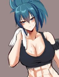 Rule 34 | 1girl, abs, armlet, bare shoulders, black tank top, blue eyes, blue hair, blush, breasts, closed mouth, edboy, highres, large breasts, leona heidern, muscular, muscular female, pony (animal), sleeveless, solo, sweat, sweatdrop, sweaty clothes, tank top, the king of fighters, the king of fighters xv, wiping sweat