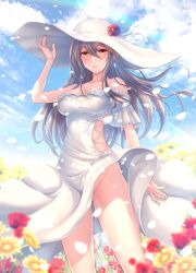 Rule 34 | 1girl, absurdres, bare shoulders, black hair, blue sky, breasts, brown eyes, cleavage, cloud, commentary request, cosplay, day, dress, fletcher (kancolle), fletcher (kancolle) (cosplay), flower, frilled dress, frills, hair ornament, hairclip, haruna (kancolle), hat, hat flower, highres, kantai collection, large breasts, long hair, no panties, off-shoulder dress, off shoulder, outdoors, petals, red flower, ryu-akt, sky, solo, sun hat, white dress, white hat, yellow flower