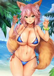 Rule 34 | 10s, 1girl, animal ear fluff, animal ears, bare shoulders, beach, bikini, blue bikini, blue sky, blush, bracelet, breasts, claw pose, cleavage, cloud, collarbone, cowboy shot, day, fang, fate/extra, fate/grand order, fate (series), fox ears, fox tail, hair between eyes, hands up, hip focus, jewelry, large breasts, legs together, long hair, looking at viewer, navel, ocean, oni-noboru, open mouth, outdoors, palm tree, paw pose, pink hair, revision, shiny skin, sky, smile, solo, standing, swimsuit, tail, tamamo (fate), tamamo no mae (fate/extra), tamamo no mae (swimsuit lancer) (fate), tan, tanline, thighs, tree, yellow eyes
