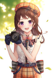 Rule 34 | 1girl, :d, back bow, bang dream!, bare shoulders, beret, black gloves, blush, bow, bowtie, breasts, brown hair, brown hat, camera, canon (company), center frills, collared shirt, commentary, cowboy shot, earrings, english commentary, falling leaves, frills, gloves, hair down, hair ornament, half gloves, hat, hat bow, highres, holding, holding camera, jewelry, leaf, long hair, looking at viewer, medium breasts, open mouth, plaid, plaid headwear, plaid skirt, purple eyes, reflection, shirt, sidelocks, skirt, sleeveless, sleeveless shirt, smile, solo, ssalgolae, standing, teeth, toyama kasumi, upper teeth only, white shirt