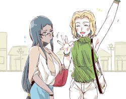 Rule 34 | 2girls, alternate costume, alternate hair length, alternate hairstyle, armpits, bag, bespectacled, black hair, blonde hair, bracelet, breasts, building, casual, cleavage, closed eyes, facial mark, facing viewer, fate/grand order, fate (series), glasses, green eyes, green shirt, illuso illuso, jewelry, long hair, looking at another, low-tied long hair, multiple girls, quetzalcoatl (fate), scheherazade (fate), semi-rimless eyewear, shirt, short hair, short sleeves, shoulder bag, sidelocks, sleeveless, sleeveless shirt, under-rim eyewear, very long hair, waving