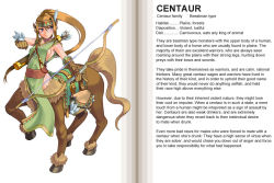 Rule 34 | 1girl, arrow (projectile), belt, bow, bow (weapon), breasts, centaur, centaur (monster girl encyclopedia), character profile, english text, feathers, gloves, hard-translated, kenkou cross, medium breasts, monster girl, monster girl encyclopedia, official art, quiver, sideboob, solo, tail, taur, third-party edit, translated, typo, weapon