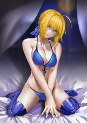 Rule 34 | 1girl, ahoge, alternate breast size, artoria pendragon (all), artoria pendragon (fate), bed sheet, blonde hair, blue bra, blue panties, blue ribbon, blue thighhighs, bra, breasts, cleavage, closed mouth, collarbone, curtains, fate/stay night, fate (series), full body, green eyes, hair ribbon, highres, hq19910119, large breasts, lips, looking at viewer, no shoes, own hands together, panties, ribbon, saber (fate), short hair, sidelocks, sitting, skindentation, smile, solo, thighhighs, underwear, underwear only, v arms, wariza