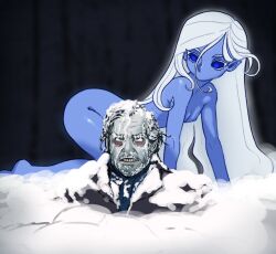 Rule 34 | 1boy, 1girl, a song of ice and fire, all fours, black hair, blue eyes, blue sclera, blue skin, breasts, colored sclera, colored skin, facial hair, frozen, highres, jack torrance, long hair, night, no mouth, nude, outdoors, ratopomboart, scene reference, short hair, small breasts, snow, stubble, the shining, thick eyelashes, white hair, white walker (a song of ice and fire)