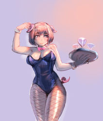 Rule 34 | 1girl, animal ears, bow (bhp), breasts, cleavage, cup, detached collar, drinking glass, fishnet pantyhose, fishnets, gradient background, hairband, large breasts, leotard, nontraditional playboy bunny, orange hair, original, pantyhose, pig ears, pig tail, playboy bunny, short hair, smile, solo, tail, tray, wine glass, wrist cuffs