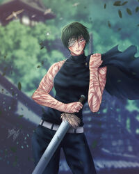 Rule 34 | absurdres, blurry, burn scar, danielxboy, depth of field, glasses, green hair, highres, holding, holding sword, holding weapon, jujutsu kaisen, looking at viewer, muscular, muscular female, one eye covered, round eyewear, scar, short hair, sleeveless, sword, upper body, weapon, yellow eyes, zen&#039;in maki