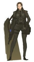 Rule 34 | 1girl, airburst grenade launcher, alliant techsystems, assault rifle, bad anatomy, belt pouch, black gloves, braid, breasts, brown hair, bullpup, carbine, clenched hand, computerized scope, contraves brashear systems, cropped legs, female focus, glasses, glasses girl (nameo), gloves, green eyes, grenade launcher, gun, hair over shoulder, head tilt, heckler &amp; koch, highres, holding, holding gun, holding weapon, huge weapon, l-3 communications corporation, l3 technologies, large breasts, long hair, military, military program, modular weapon system, multi-weapon, multiple-barrel firearm, nameo (judgemasterkou), necktie, night-vision device, objective individual combat weapon (military program), objective infantry combat weapon (military program), original, parted bangs, poorly drawn, pouch, precision-guided firearm, prototype design, rifle, scope, selectable assault battle rifle (military program), semi-automatic firearm, semi-automatic grenade launcher, semi-rimless eyewear, short-barreled rifle, sight (weapon), simple background, smart scope, solo, suspenders, telescopic sight, thermal weapon sight, transforming weapon, trigger discipline, twin braids, under-barrel configuration, under-rim eyewear, underbarrel assault rifle, underbarrel rifle, weapon, xm104 (smart scope), xm29 oicw