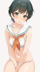 Rule 34 | 1girl, between legs, bikini, blush, breasts, collarbone, covering crotch, covering privates, cowboy shot, detached collar, green eyes, green hair, hair between eyes, hand between legs, head tilt, highres, kantai collection, looking at viewer, medium breasts, medium hair, mogami (kancolle), navel, neckerchief, orange neckerchief, sailor bikini, sailor collar, sakieko, simple background, sitting, smile, solo, stomach, swimsuit, teeth, thighs, white background, white bikini, white sailor collar