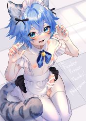 Rule 34 | 1boy, absurdres, alternate costume, animal ears, apron, archon eclipse, bad id, bad twitter id, bar censor, blue eyes, blue hair, blue nails, blush, breasts, censored, claw pose, commission, enmaided, erection, fangs, hair between eyes, highres, indie virtual youtuber, leopard boy, leopard ears, leopard tail, maid, maid headdress, male focus, nail polish, nipples, nukogami (minniecatlove21), open mouth, penis, second-party source, seiza, sitting, skeb commission, solo, tail, testicles, thighhighs, trap, virtual youtuber, waist apron, white apron, white thighhighs
