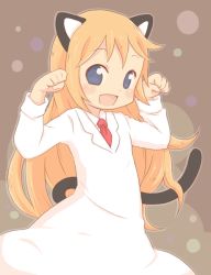 Rule 34 | 1girl, animal ears, bad id, bad pixiv id, blonde hair, blue eyes, blush, cat ears, cat tail, child, idu michito, lab coat, long hair, necktie, nichijou, open mouth, paw pose, professor shinonome, smile, solo, standing, tail