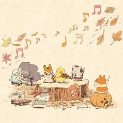 Rule 34 | artist name, autumn, autumn leaves, conductor baton, bird, chick, chipmunk, commentary request, drum, drumsticks, fish, fishbowl, flute, hamster, headband, holding, holding instrument, holding violin, instrument, jack-o&#039;-lantern, leaf, looking at another, mojacookie, mushroom, music, musical note, no humans, original, piano, playing instrument, porcupine, rabbit, red headband, running, sepia background, signature, simple background, squirrel, standing, tree stump, violin, wind