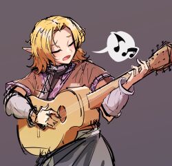 Rule 34 | 1girl, acoustic guitar, arm warmers, black shirt, black skirt, blonde hair, brown shirt, closed eyes, cookie (touhou), cowboy shot, grey background, guitar, highres, holding, holding guitar, holding instrument, instrument, joker (cookie), medium hair, mizuhashi parsee, music, musical note, odoro (nicoseiga81184094), open mouth, parted bangs, playing instrument, pointy ears, shirt, short sleeves, simple background, sketch, skirt, solo, spoken musical note, touhou, undershirt