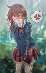 Rule 34 | 1girl, ahoge, anger vein, angry, between legs, blue sweater, blurry, blurry background, blush, bow, bowtie, breath, brown hair, bush, collarbone, collared shirt, dappled sunlight, embarrassed, female focus, flat chest, flying sweatdrops, forest, green background, hand between legs, have to pee, highres, light rays, long hair, long sleeves, miniskirt, nature, nose blush, one eye closed, open mouth, original, outdoors, own hands together, pee, peeing, peeing self, plaid, plaid bow, plaid bowtie, plaid neckwear, plaid skirt, pleated skirt, red bow, red bowtie, red skirt, school uniform, shirt, sidelocks, skirt, solo, speech bubble, spoken anger vein, standing, sunlight, sweat, sweater, tree, trembling, unmoving pattern, v-shaped eyebrows, v arms, watakarashi, white shirt, wince, yellow eyes