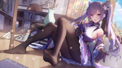 Rule 34 | 1girl, absurdres, bare shoulders, book, braid, breasts, brown pantyhose, chinese commentary, commentary request, detached sleeves, dress, flower, frilled dress, frills, full body, genshin impact, gloves, hair flower, hair ornament, highres, holding, indoors, keqing (genshin impact), knees up, long hair, long sleeves, looking at viewer, medium breasts, neck tassel, no shoes, open mouth, outstretched arm, pantyhose, plant, potted plant, purple dress, purple eyes, purple gloves, purple hair, reaching, reaching towards viewer, scroll, sitting, smile, solo, toes, twintails, very long hair, white flower, wooden floor, xingchee
