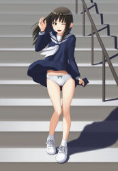 Rule 34 | 1girl, ankle socks, black eyes, black hair, blouse, blue sailor collar, blue shirt, blue skirt, blush, bow, bow panties, clothes lift, commentary, cross-laced footwear, crotch seam, full body, highres, long hair, long sleeves, looking at viewer, maburu (lojyq1eur3e8bit), miniskirt, neckerchief, one eye closed, open mouth, original, panties, pleated skirt, railing, sailor collar, shadow, shirt, shoes, skirt, skirt lift, skirt tug, smile, sneakers, socks, solo, stairs, standing, underwear, waving, white footwear, white neckerchief, white panties, white socks, wind, wind lift