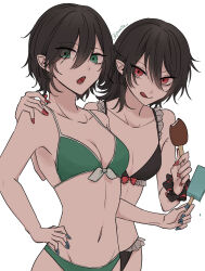Rule 34 | 2girls, :q, absurdres, alternate costume, bikini, bikini day, black hair, bow, bow bikini, breasts, cleavage, closed mouth, commentary request, cowboy shot, fingernails, food, food in mouth, frilled bikini, frills, green bikini, green eyes, green nails, groin, hair between eyes, hand on another&#039;s shoulder, hand on own hip, highres, houjuu nue, long bangs, looking at viewer, medium breasts, multiple girls, murasa minamitsu, navel, open mouth, panilla, popsicle, popsicle in mouth, red bow, red eyes, red nails, short hair, simple background, small breasts, smile, swimsuit, tongue, tongue out, touhou, white background, wrist cuffs