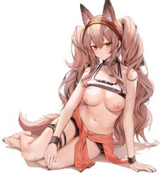 Rule 34 | 1girl, absurdres, angelina (arknights), animal ears, arknights, arm support, armpit crease, barefoot, black nails, black shorts, blush, breasts, brown eyes, brown hair, cleavage, closed mouth, clothes lift, clothes pull, collar, crop top, feet, fox ears, fox tail, full body, hairband, highres, large breasts, legs, long hair, midriff, nail polish, navel, nipples, red hairband, ru zhai, shirt lift, short shorts, shorts, sitting, skindentation, smile, solo, sports bra, sports bra lift, stomach, tail, thigh strap, thighs, toenail polish, toenails, toes, very long hair, wavy hair, white background, wristband, yokozuwari