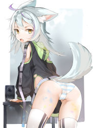 Rule 34 | 1girl, animal ear fluff, animal ears, aqua hair, ass, cameltoe, cleft of venus, cotama, d:, fang, from behind, highres, hood, hood down, hoodie, long sleeves, looking at viewer, medium hair, multicolored hair, naked hoodie, open mouth, original, paint on body, paint stains, panties, purple hair, skin fang, skindentation, streaked hair, striped clothes, striped panties, tail, thighhighs, underwear, v-shaped eyebrows, white thighhighs, wolf ears, wolf tail, yellow eyes