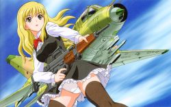 Rule 34 | 1girl, absurdres, aircraft, airplane, airplane wing, artbook, black dress, black thighhighs, blonde hair, bow, bowtie, brown eyes, cloud, cloudy sky, crotch seam, dress, frilled dress, frills, gluteal fold, gun, highres, holding, holding gun, holding weapon, long hair, long sleeves, open mouth, original, panties, pantyshot, red bow, red bowtie, shirt, sidelocks, skirt, sky, solo, standing, su-22, thighhighs, thighs, trigger discipline, underwear, vehicle focus, weapon, white panties, white shirt, yamauchi noriyasu