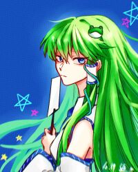 Rule 34 | 1girl, absurdres, blue background, blue eyes, blue trim, chinese commentary, closed mouth, commentary request, dated, frog hair ornament, gohei, green hair, hair ornament, hair tubes, heng (heng798616), highres, holding, holding gohei, kochiya sanae, long hair, shirt, sleeveless, sleeveless shirt, solo, star (symbol), touhou, white shirt, white sleeves