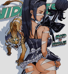 Rule 34 | 1girl, animal, ass, bad id, bad pixiv id, bare shoulders, black choker, black hair, bodypaint, bow, character name, choker, closed eyes, closed mouth, dark-skinned female, dark skin, duplicate, etama quomo, facepaint, feathers, frilled choker, frills, gem, green eyes, heart, holding, holding polearm, holding weapon, league of legends, long hair, maid, maid headdress, nidalee, open mouth, pink lips, pixel-perfect duplicate, polearm, ponytail, signature, spear, tiger, weapon, white bow
