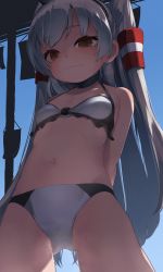 Rule 34 | 1girl, absurdres, amatsukaze (kancolle), arms behind back, bikini, black bikini, blush, breasts, brown eyes, commentary request, commission, from below, gluteal fold, hair tubes, hat, highres, kantai collection, long hair, looking at viewer, looking down, mini hat, navel, pixiv commission, silver hair, skeb commission, smile, smug, solo, swimsuit, tsuzuri (tu-san house), two side up