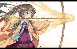 Rule 34 | 1girl, adapted costume, aqua necktie, archery, arrow (projectile), blue eyes, bow, bow (weapon), brown hair, cosplay, drawing bow, dress, electricity, fire, hachimaki, hair between eyes, hair ribbon, headband, hiryuu (kancolle), hiryuu (kancolle) (cosplay), holding, holding bow (weapon), holding weapon, kantai collection, kazagumo (kancolle), kusano (torisukerabasu), letterboxed, long hair, looking to the side, necktie, open mouth, pleated dress, ponytail, ribbon, school uniform, shirt, sleeveless, sleeveless dress, solo, souryuu (kancolle) (cosplay), weapon, white shirt