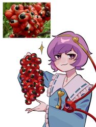 Rule 34 | 1girl, :3, blouse, blue shirt, blush, buttons, food, frilled shirt collar, frilled sleeves, frills, guarana, hair ornament, hairband, heart, heart button, heart hair ornament, highres, holding, holding food, komeiji satori, konoha217, look-alike, looking at viewer, photo inset, pink eyes, purple hair, ribbon-trimmed collar, ribbon trim, shirt, short hair, simple background, smug, sparkle, third eye, touhou, upper body, white background, wide sleeves