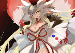 Rule 34 | 1girl, absurdres, animal ear fluff, animal ears, artist request, blonde hair, blood, blood on hands, breasts, cleavage, collarbone, extra ears, fate/grand order, fate (series), fox ears, fox girl, fox tail, fur-trimmed kimono, fur trim, hair between eyes, hair over face, headpiece, highres, japanese clothes, kimono, kitsune, koyanskaya (fate), koyanskaya (lostbelt beast:iv) (fate), large breasts, long hair, looking at viewer, multiple animal ears, open mouth, rope, rope belt, shimenawa, smile, solo, split ponytail, tail, talisman, tamamo (fate), very long hair, white kimono, yellow eyes
