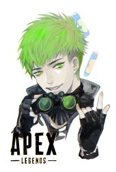 Rule 34 | 1boy, animification, apex legends, black gloves, copyright name, fingerless gloves, gloves, goggles, unworn goggles, green eyes, green hair, hair behind ear, highres, holding, holding goggles, logo, male focus, octane (apex legends), parted lips, portrait, smile, solo, syringe, white background, yao (ama8)
