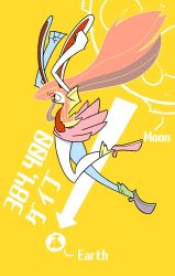 Rule 34 | animal ears, arms up, arrow (symbol), clenched hands, earth (planet), english text, falling, full body, kuchibashi (9180), long hair, moon, pink footwear, pink hair, pink skirt, planet, pleated skirt, rabbit ears, rabbit girl, red eyes, red neckwear, reisen udongein inaba, shirt, shoes, short sleeves, skirt, socks, solo, touhou, very long hair, yellow background, yellow shirt, yellow socks