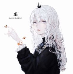 Rule 34 | 1girl, bee, black by blue brave, black dress, bug, copyright name, crown, dress, hand up, highres, insect, long hair, long sleeves, original, parted lips, shirone (coxo ii), simple background, solo, upper body, watch, white background, white eyes, white hair, wristwatch