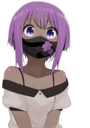 Rule 34 | 1girl, bare shoulders, blush, collarbone, dark-skinned female, dark skin, dress, fate/prototype, fate/prototype: fragments of blue and silver, fate (series), floral print, hair between eyes, hassan of serenity (fate), highres, i.u.y, looking at viewer, mask, mouth mask, off-shoulder dress, off shoulder, purple eyes, purple hair, short sleeves, simple background, solo, upper body, v-shaped eyebrows, white background, white dress