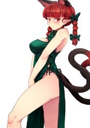 Rule 34 | 1girl, alternate costume, animal ears, blunt bangs, blush, bow, braid, breasts, cat ears, cat girl, cat tail, china dress, chinese clothes, cleavage cutout, closed mouth, clothing cutout, dress, extra ears, feet out of frame, frown, green dress, hair bow, highres, kaenbyou rin, long hair, looking at viewer, medium breasts, multiple hair bows, multiple tails, no panties, pointy ears, red eyes, red hair, shuchuu (sake bug), simple background, sleeveless, sleeveless dress, solo, tail, touhou, twin braids, two tails, white background
