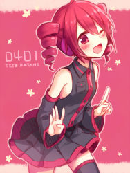 Rule 34 | 1girl, amane kurumi, bare shoulders, black shirt, black skirt, black sleeves, blush, character name, commentary, detached sleeves, drill hair, flower, index finger raised, kasane teto, leaning forward, looking at viewer, miniskirt, one eye closed, open hand, open mouth, pleated skirt, red background, red eyes, red hair, shirt, short hair, skirt, sleeveless, sleeveless shirt, smile, solo, twin drills, utau