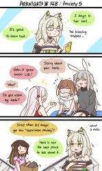 Rule 34 | 3koma, 5girls, :d, amiya (arknights), animal ear fluff, animal ears, arknights, black pantyhose, blonde hair, blue skirt, blush, box, braid, brown hair, cardboard box, comic, commentary, crown braid, dress, english commentary, english text, fang, flying sweatdrops, folinic (arknights), green dress, grey hair, grey jacket, grey sweater, guin guin, highres, holding, holding box, jacket, kal&#039;tsit (arknights), multicolored hair, multiple girls, nightgown, off-shoulder jacket, off shoulder, open mouth, pantyhose, pink shirt, pleated skirt, rabbit ears, savage (arknights), shirt, short sleeves, skirt, smile, snot, streaked hair, sweat, sweater, tears, trembling, two side up, warfarin (arknights), white shirt