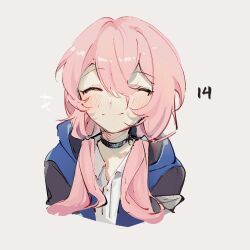 Rule 34 | 1girl, arknights, black choker, blue jacket, blue poison (arknights), blush, choker, closed eyes, closed mouth, collared shirt, commentary, cropped torso, dress shirt, english commentary, grey background, hair between eyes, hood, hooded jacket, jacket, long hair, low twintails, open clothes, open jacket, pink hair, ruri (dailybloopy), shirt, simple background, smile, solo, twintails, upper body, white shirt