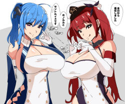 Rule 34 | 2girls, :p, azur lane, breasts, cleavage, cleavage cutout, clothing cutout, elbow gloves, gloves, handjob gesture, hat, honolulu (azur lane), huge breasts, long hair, monochrome, multiple girls, sexually suggestive, signum (nanohanano77), sketch, st. louis (azur lane), tongue, tongue out, twintails