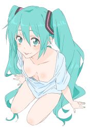 Rule 34 | 1girl, absurdres, aqua eyes, aqua hair, blush, breasts, cleavage, collarbone, donguri suzume, hatsune miku, highres, long hair, looking at viewer, medium breasts, nail polish, oversized clothes, shirt, simple background, solo, thighs, tongue, tongue out, twintails, vocaloid