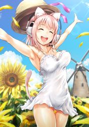 Rule 34 | 1girl, ^ ^, animal ears, blush, breasts, cat ears, closed eyes, cloud, convenient censoring, day, dress, field, flower, flower field, ganari ryuu, hat, headphones, highres, large breasts, long hair, no bra, no panties, open mouth, original, petals, pink hair, sky, smile, solo, straw hat, sun hat, sundress, sunflower, sunflower field, super tama musume, tail, tamatoys, windmill